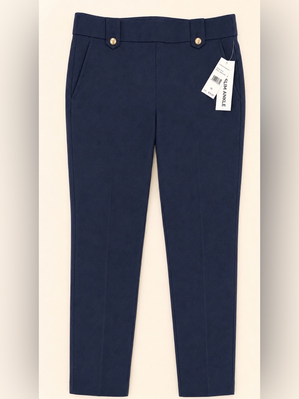 Navy Slim Ankle Pants High Rise Tailored Silver Button Size 10 NWT